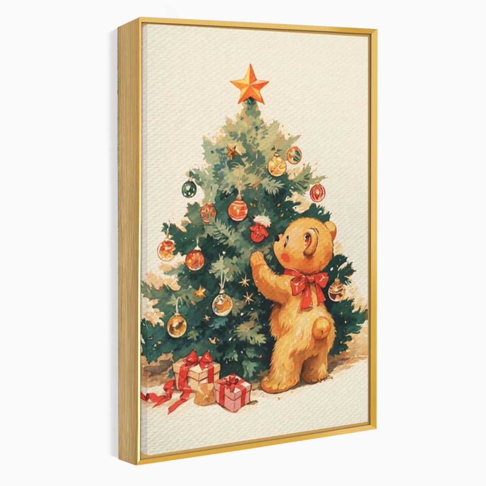 Tablou canvas cu ilustratie cu ursulet si brad de craciun, in rama de aluminiu auriu